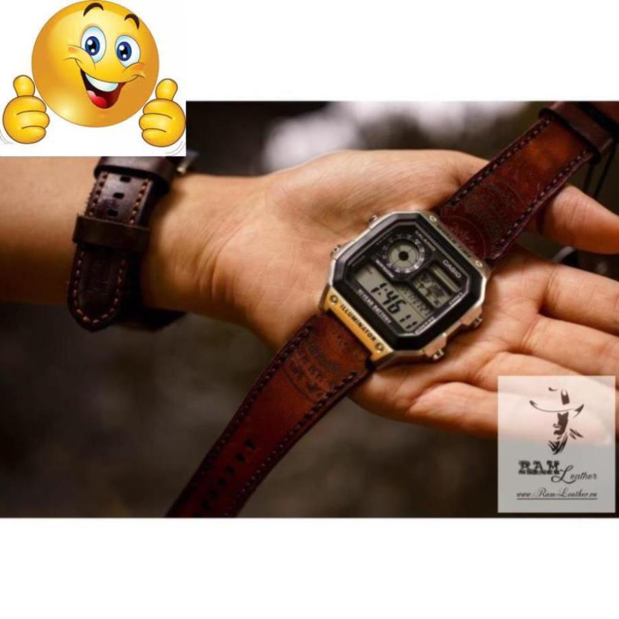 DÂY ĐỒNG HỒ TRỐNG ĐỒNG DÀNH CHO CASIO AE1200/SEIKO5 DA BÒ THẬT LIGHT BROWN .
