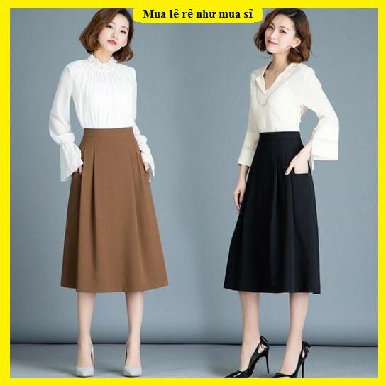 Chân váy nữ dáng dài, Chân váy midi công sở có túi- màu nâu-đen