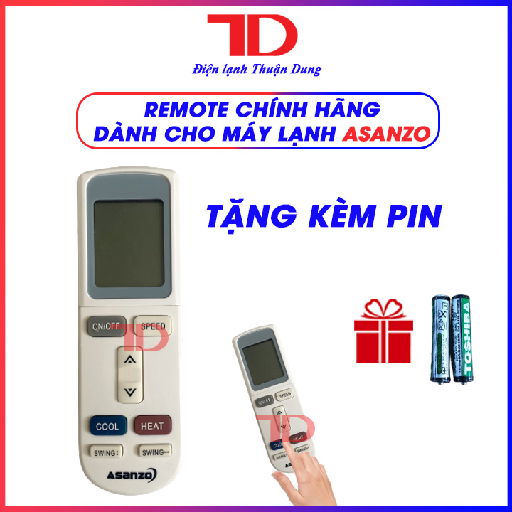 Remote điều khiển điều hòa dành cho máy lạnh Asanzo 1&amp;2 chiều Inverter, loại dài nhọn, tặng kèm pin - Điện Lạnh Thuận Dung