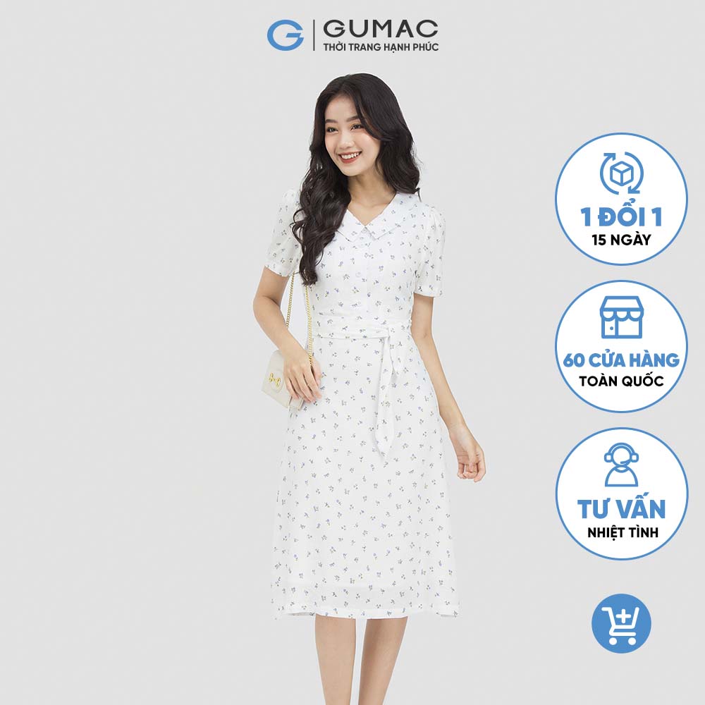 Đầm form A GUMAC DC09083 buộc nơ eo họa tiết cổ bâu sen nữ tính