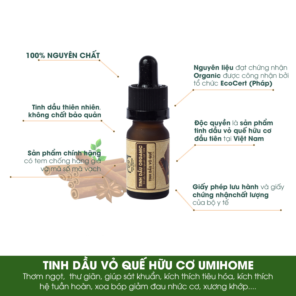 Tinh Dầu Vỏ Quế Nguyên Chất ( 10ml) UMIHOME - Dùng cho đèn xông hương khử mùi, giảm đau đầu, loại bỏ cảm