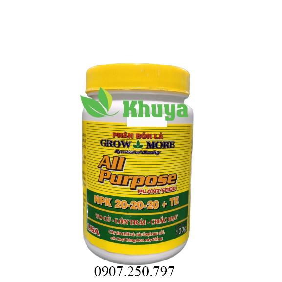 Phân bón lá GrowMore 20-20-20+TE All Purpose 100gr To Củ - Lớn Trái - Chắc Hạt