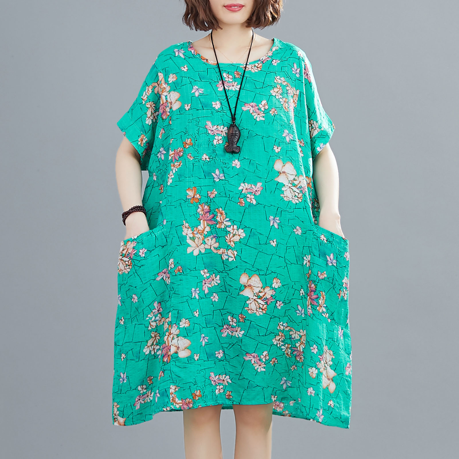 Women Loose Dress Vintage Floral Print Pockets Short Sleeve Oversized Holiday Boho Casual Shift Dress