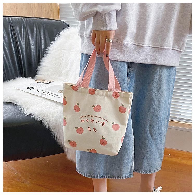 Túi Tote Mini Vải Canvas Họa Tiết Trái Đào Dễ Thương Phong Cách Hàn Quốc