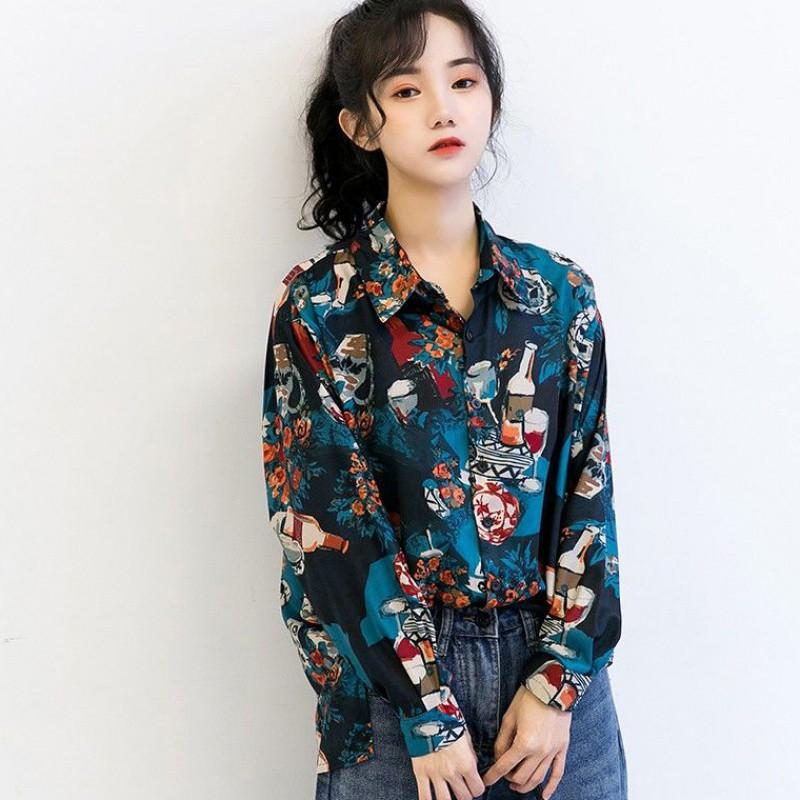 Áo Sơ Mi Tay Dài Dáng Rộng Họa Tiết In Phong Cách Vintage
