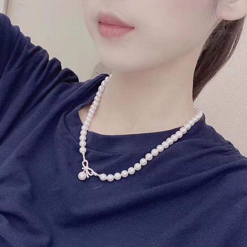 Dây Chuyền Ngọc Trai Thật Nước Ngọt Size 7-8ly Khóa Nơ Bạc - Trường Thịnh Ngọc Trai