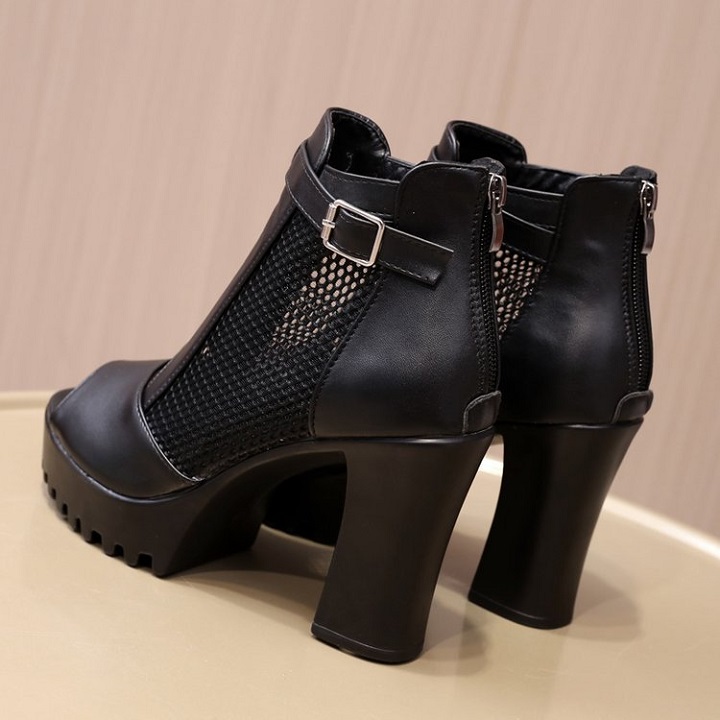 [TRỢ SHIP_GIÀY XỊN] Giày bốt nữ, boots cao gót gót vuông 10 phân chunky hở mũi phối lưới S055