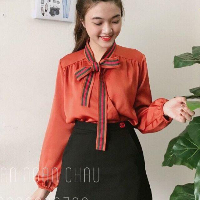 Áo kiểu tay dài cổ cột nơ phối viền hàng Quảng Châu