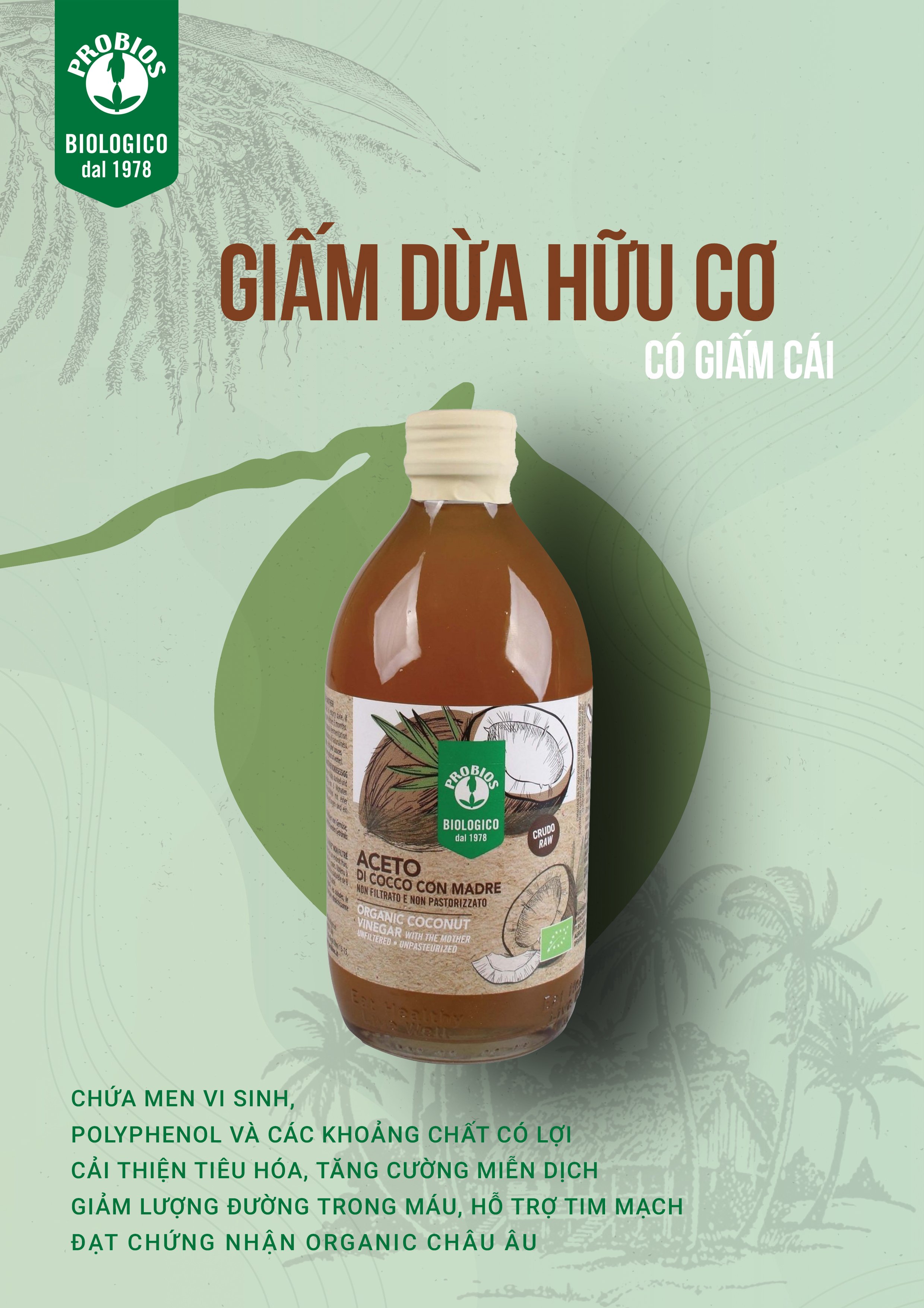 Giấm Dừa Hữu Cơ Có Giấm Cái ProBios Organic Coconut Cider Vinegar With The Mother