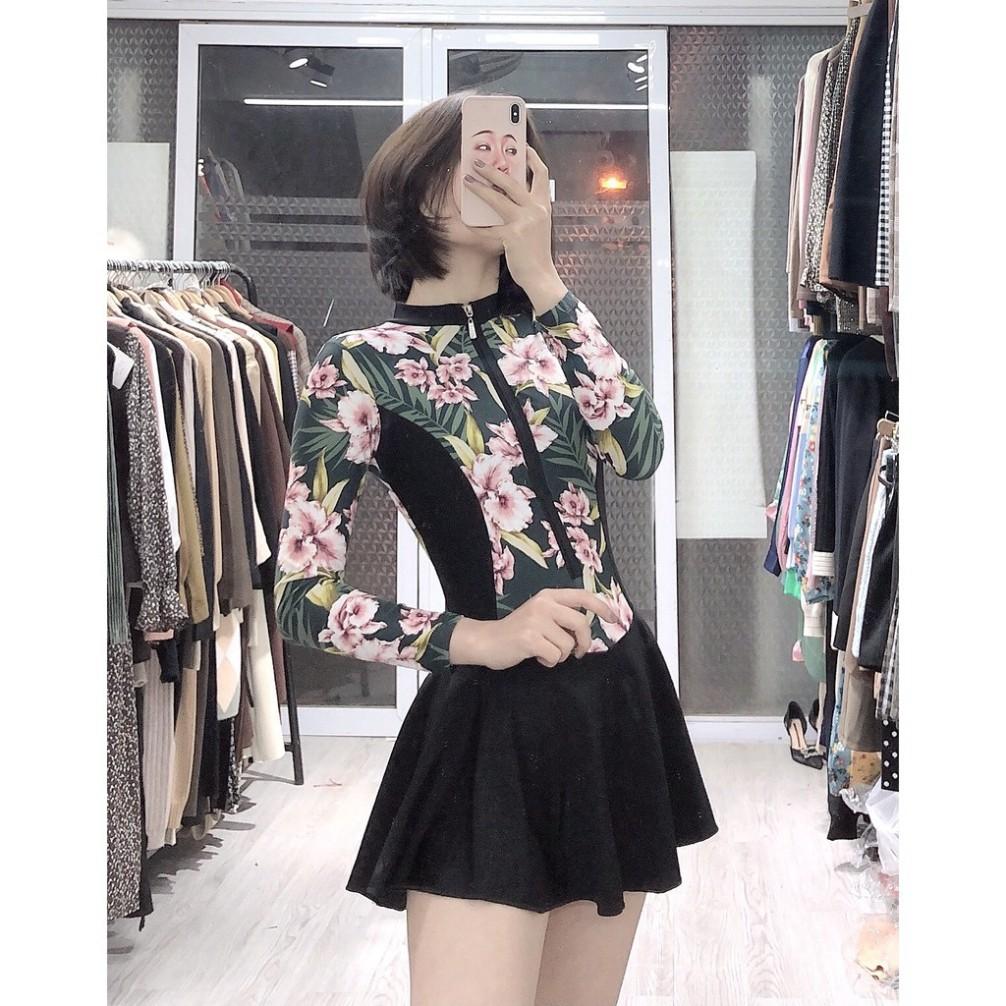 freeship Bikini đồ bơi 1 mảnh liền thân dáng váy cộc tay họa tiết hoa mặc đi biển đi bơi kín đáo