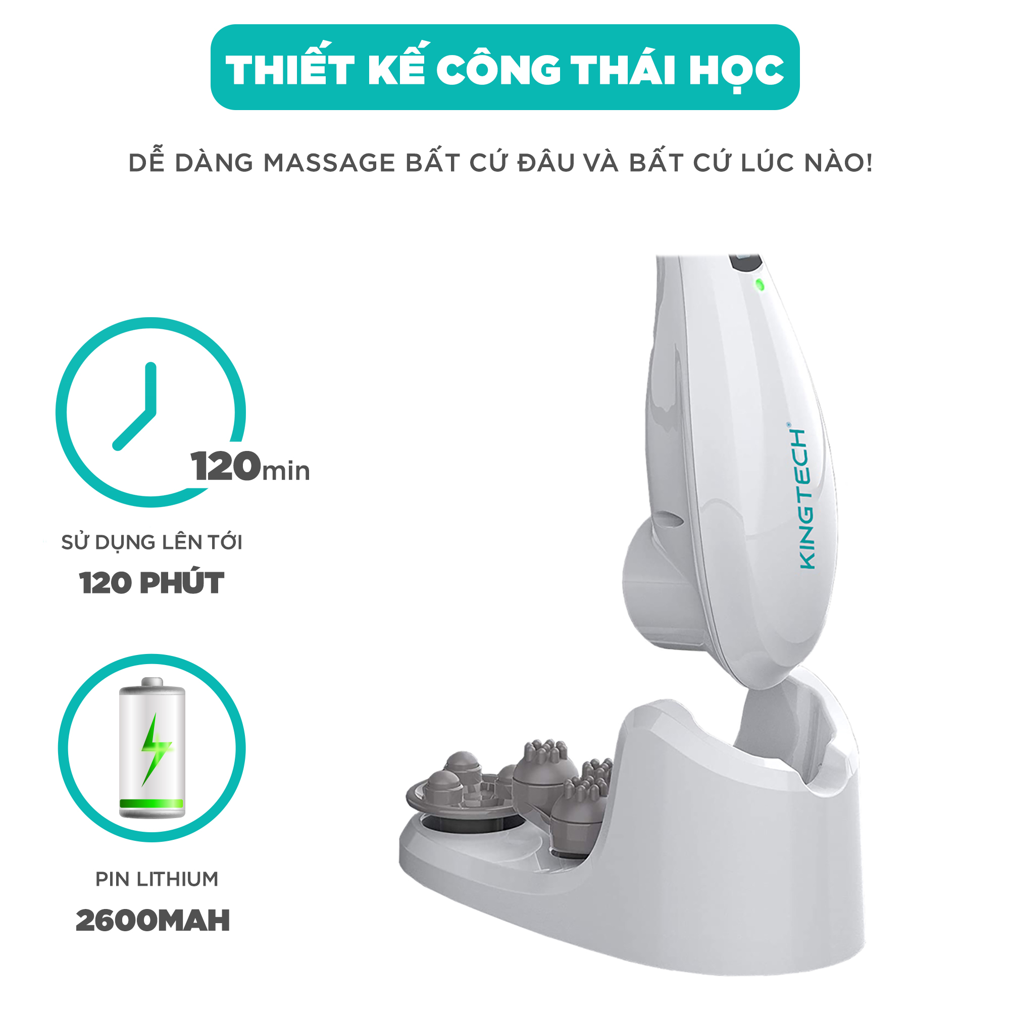 Máy Massage Cầm Tay Cao Cấp KINGTECH - Hỗ Trợ Toàn Thân - Chuyên Sâu Cổ, Vai, Gáy, Lưng - Giảm Đau Mỏi Cho Dân Văn Phòng, Gymer, Người Già, Người Lao Động Nặng - Chính Hãng