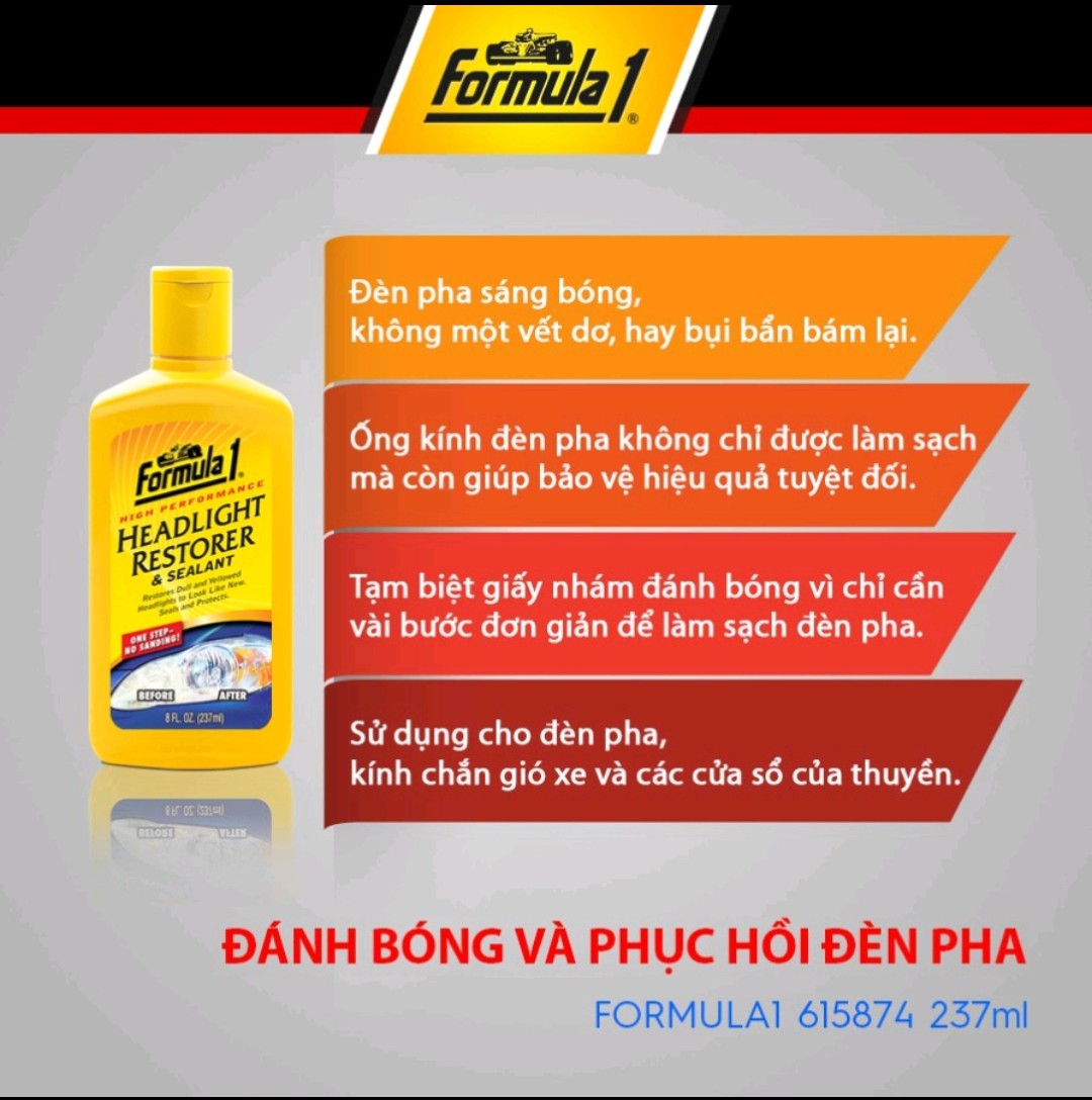 Chất Đánh Bóng Và Phục Hồi Đèn Pha Ô Tô FORMULA1 Tẩy Ố Vàng, Vệ Sinh Cặn Canxi Đèn Và Kính Xe