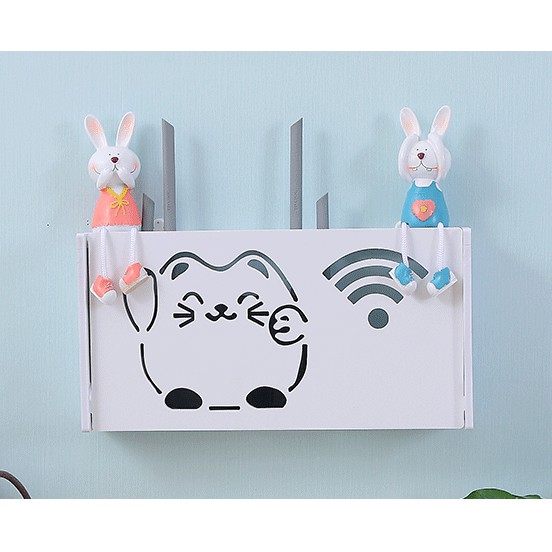 Kệ wifi treo tường HAJI hình mèo ú dễ thương, Kệ trang trí gỗ nhựa PVC chịu lực tốt, an toàn, bền, không cần khoan D345