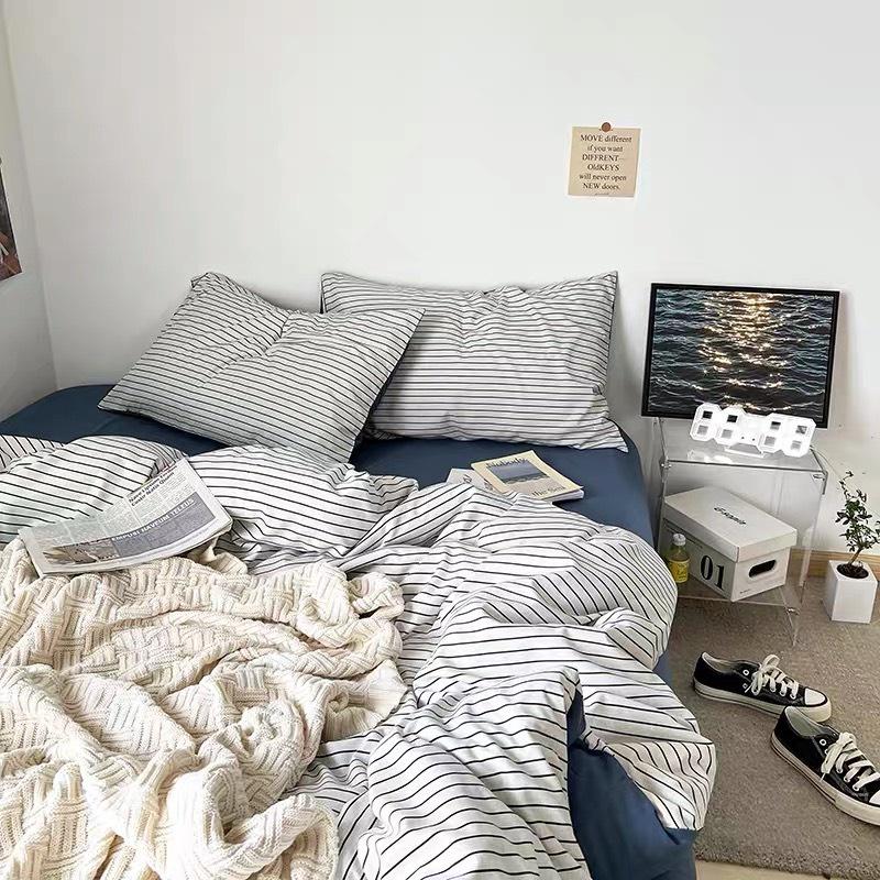 Bộ Vỏ chăn ga gối Cotton TC Nhà Nhím Chăn ga gối kẻ sọc caro 4 món