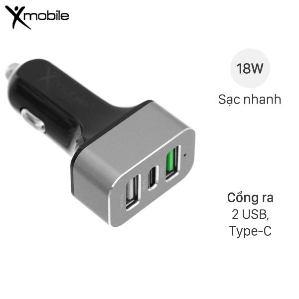 Sạc xe hơi 3 cổng Type C QC 3.0 18W Xmobile SN-155 Đen Xám - Hàng Chính Hãng