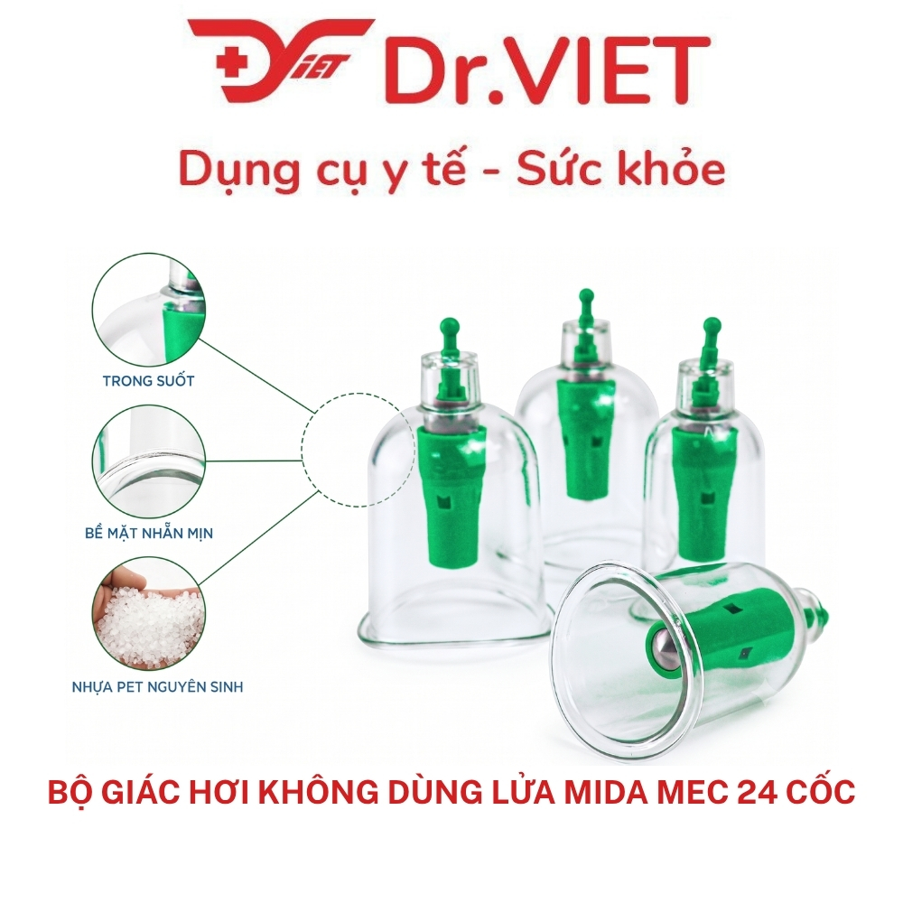 Bộ Giác Hơi Không Dùng Lửa MIDA Mec 24 Cốc FCT0024, Hút Chân Không An Toàn, Nhựa Nguyên Sinh, Có Dây Tự Giác Lưng