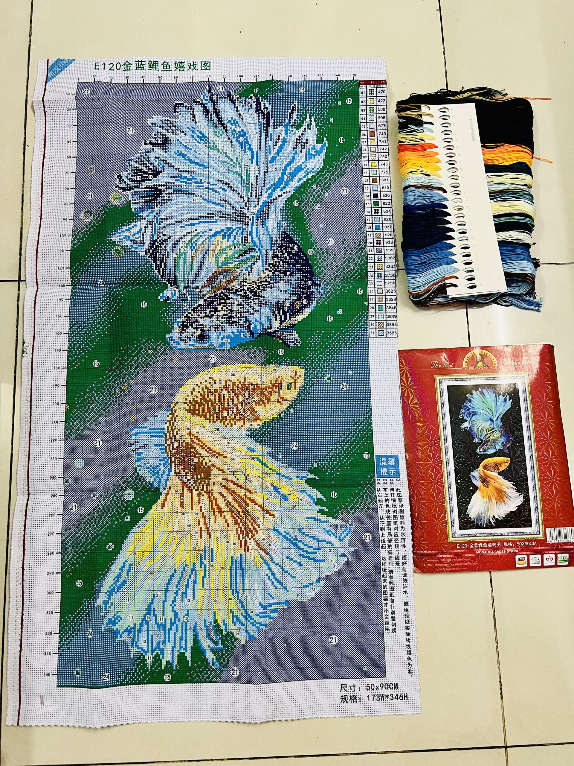 [Thêu kín] Tranh thêu chữ thập Vũ điệu song ngư E120, kích thước 50 x 90 cm