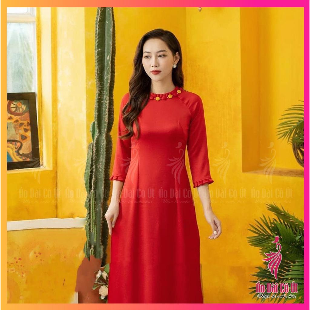 Áo Dài Truyền Thống Lụa Tây Thi Tay Dài Cổ Xếp Ly Đính Cúc Áo Dài Hàng May Sẵn