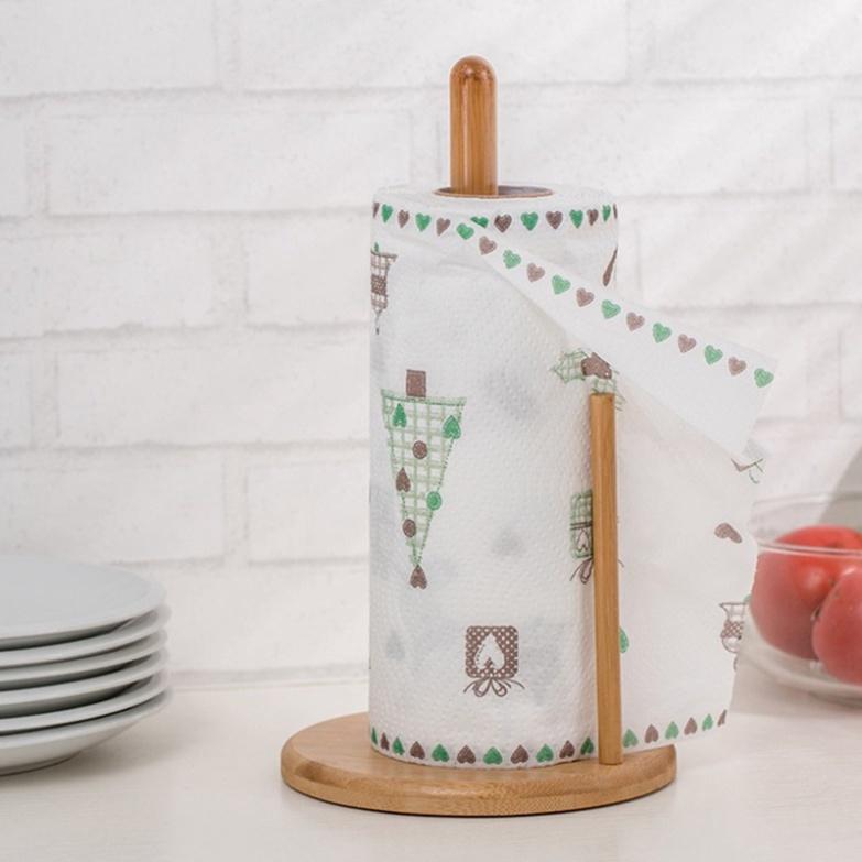 Giá đỡ cuộn khăn giấy bằng gỗ thông tiện dụng cho nhà bếp có gắn đế chống trượt kèm giấy cuộn