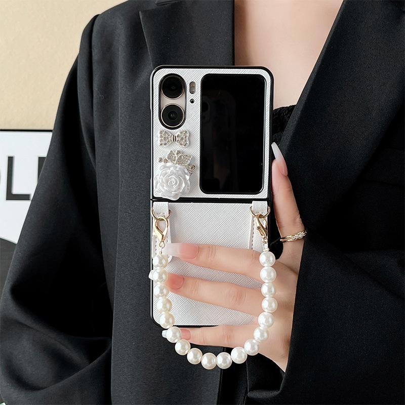 Ốp Lưng Cho Oppo FIND N2 FLIP Hoa Hồng Đính Đá Kèm Dây Ngọc Trai - BUM STORE GALAXAY CASE