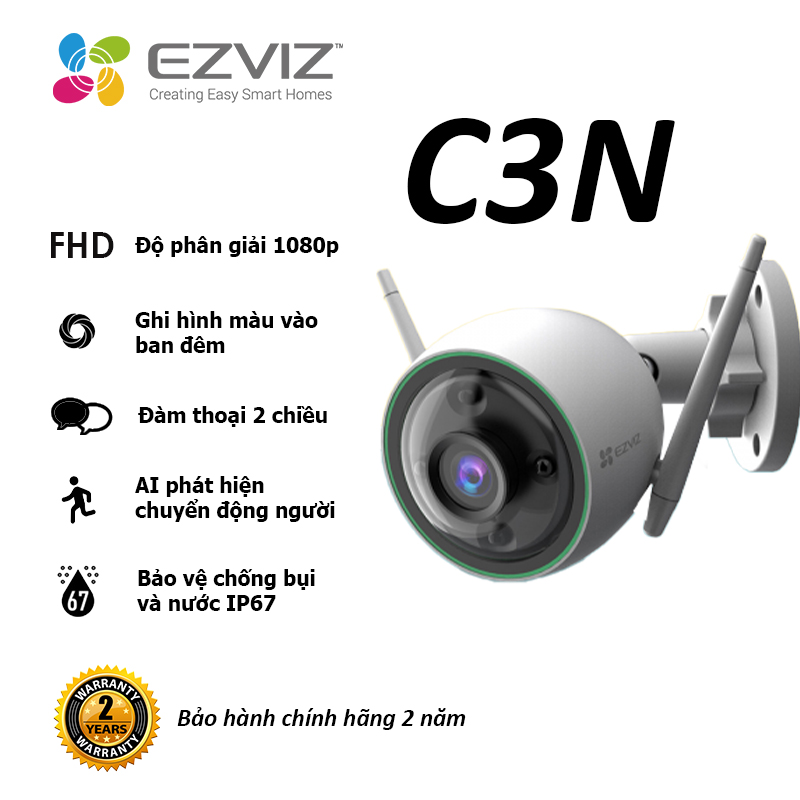 Camera EZVIZ C3N 1080P, WI-FI Không Dây, IP67 Ngoài Trời, Ghi Gình Ban Đêm Có Màu, Tích Hợp AI Phát Hiện Hình Dáng Người, Chuẩn Nén Video H.265--Hàng Chính Hãng