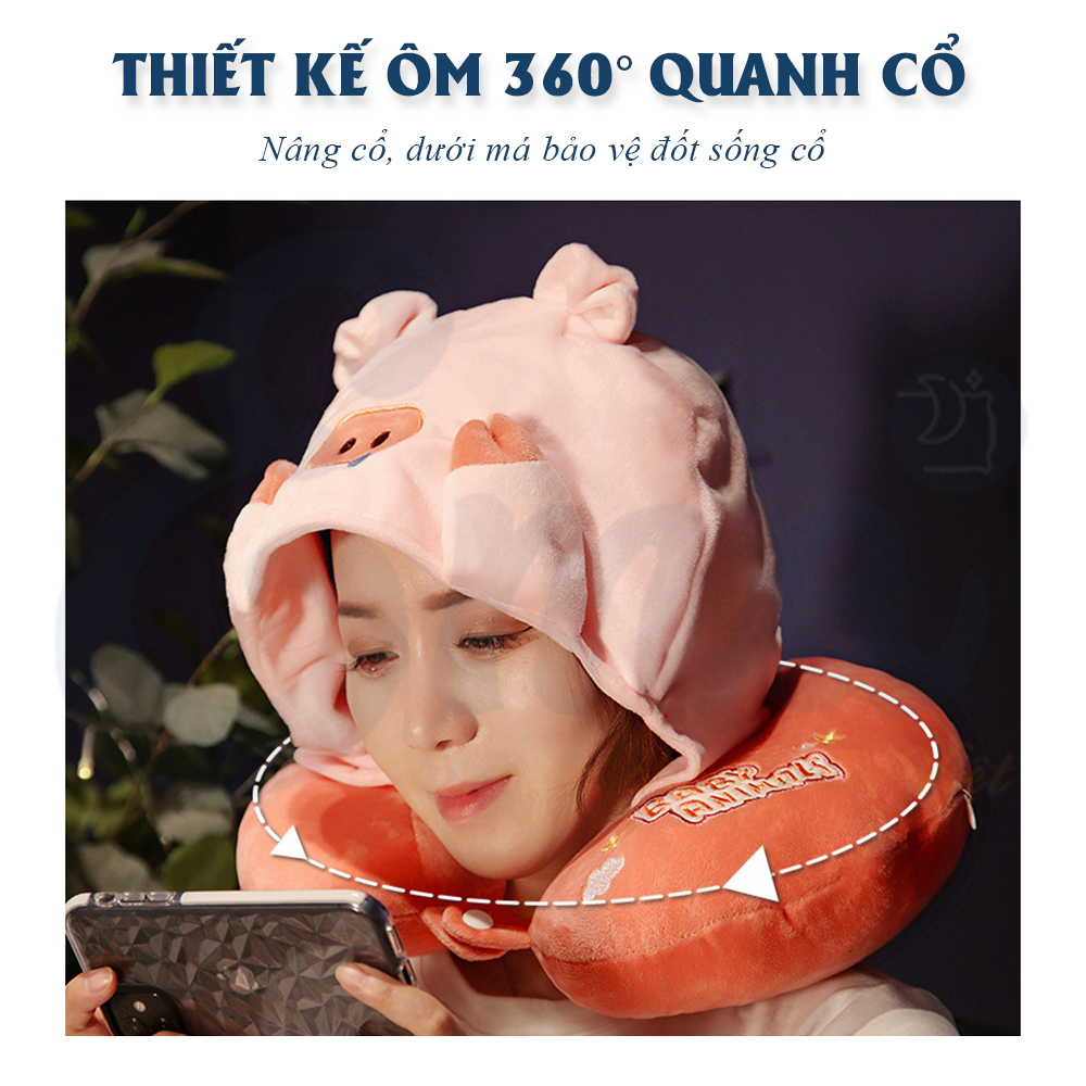 Gối chữ U hình thú có mũ trùm dễ thương cho dân văn phòng, tiện mang theo khi đi du lịch, tàu xe - Thương hiệu EMA