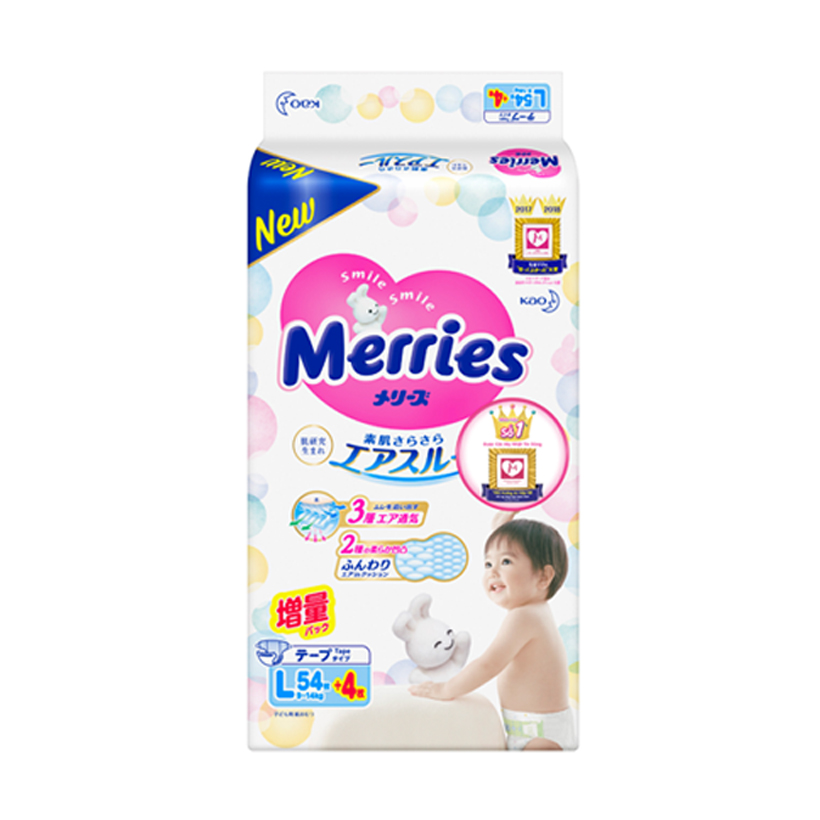 Combo 2 Tã/bỉm dán Merries size L - 54 + 4 miếng (Cho bé dưới 9-14 kg)