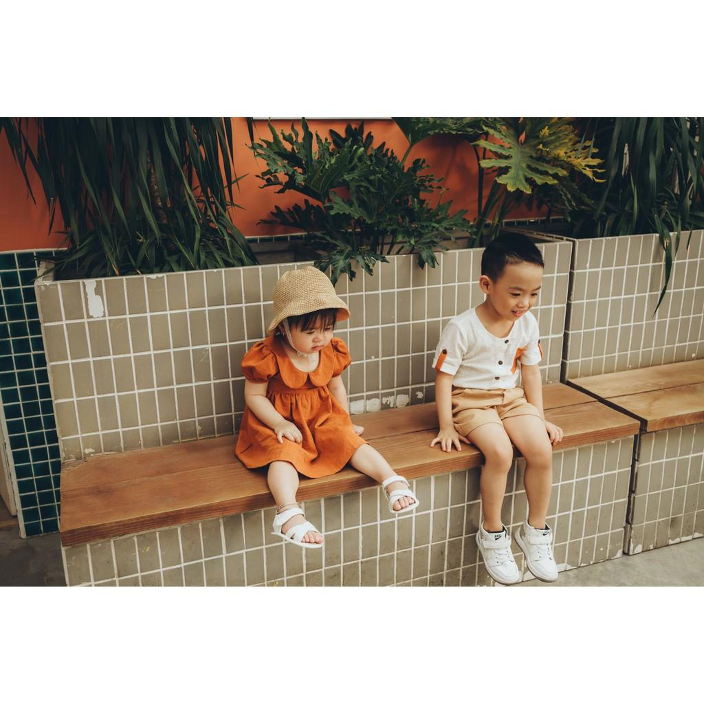 Áo sơ mi bé trai cổ tròn linen trắng 1 đến 6 tuổi L'Casta