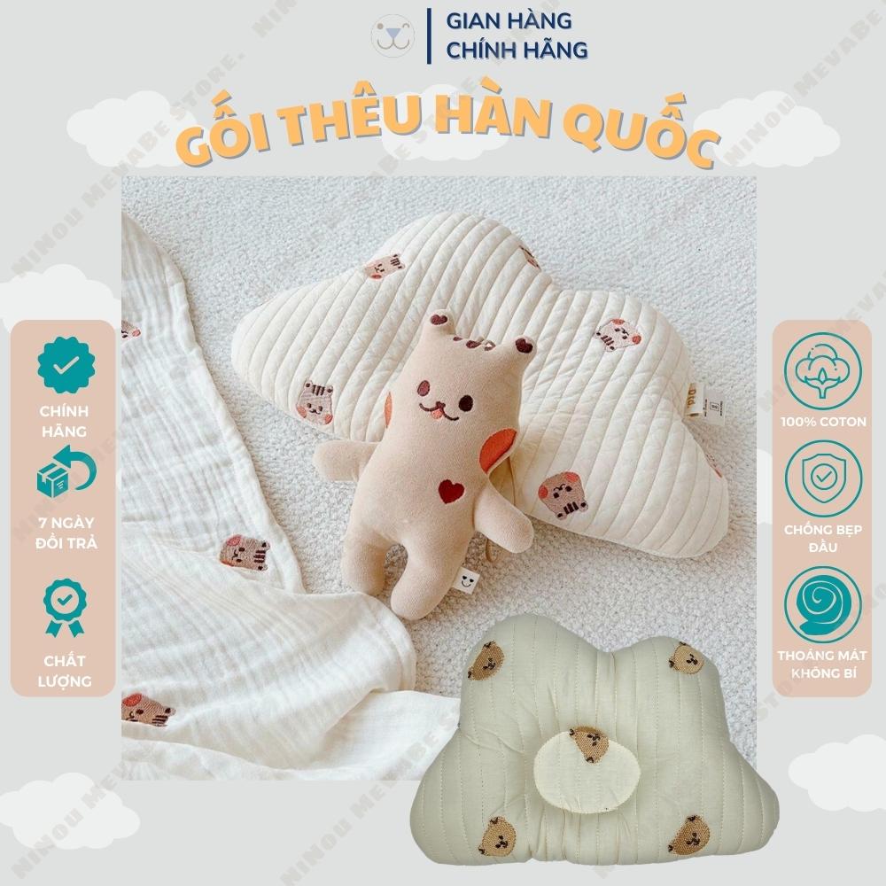 Gối Thêu Hàn Quốc Chống Bẹp Đầu Cho Bé, Gối Ngủ Chất Liệu Cotton Thoáng Khí Hình Mây Và Vương Miện Thêu Họa Tiết