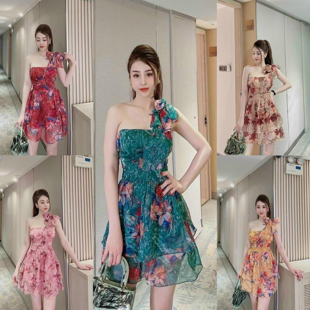Đầm váy nữ lệch vai xếp tầng với các họa tiết hoa xinh xắn dành cho các nàng đi chơi, dạo phố