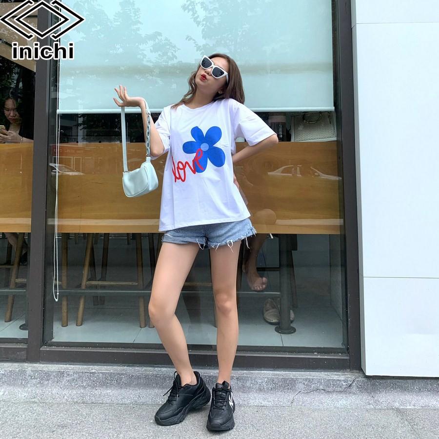 Áo thun unisex INICHI A578 tay lỡ form rộng hình in hình Love hoa 5 cánh