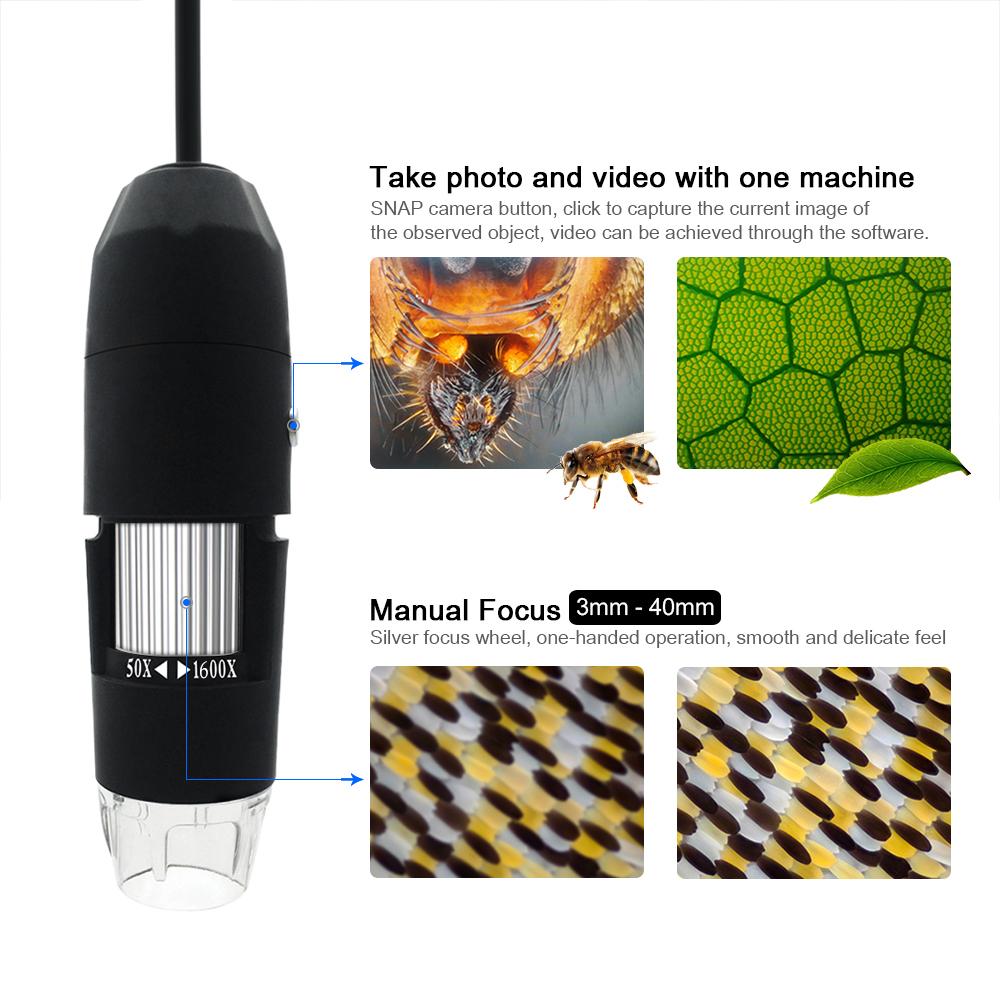 Kính lúp kính hiển vi zoom kỹ thuật số USB với chức năng OTG 8-LED Độ phóng đại 1600X có chân đế