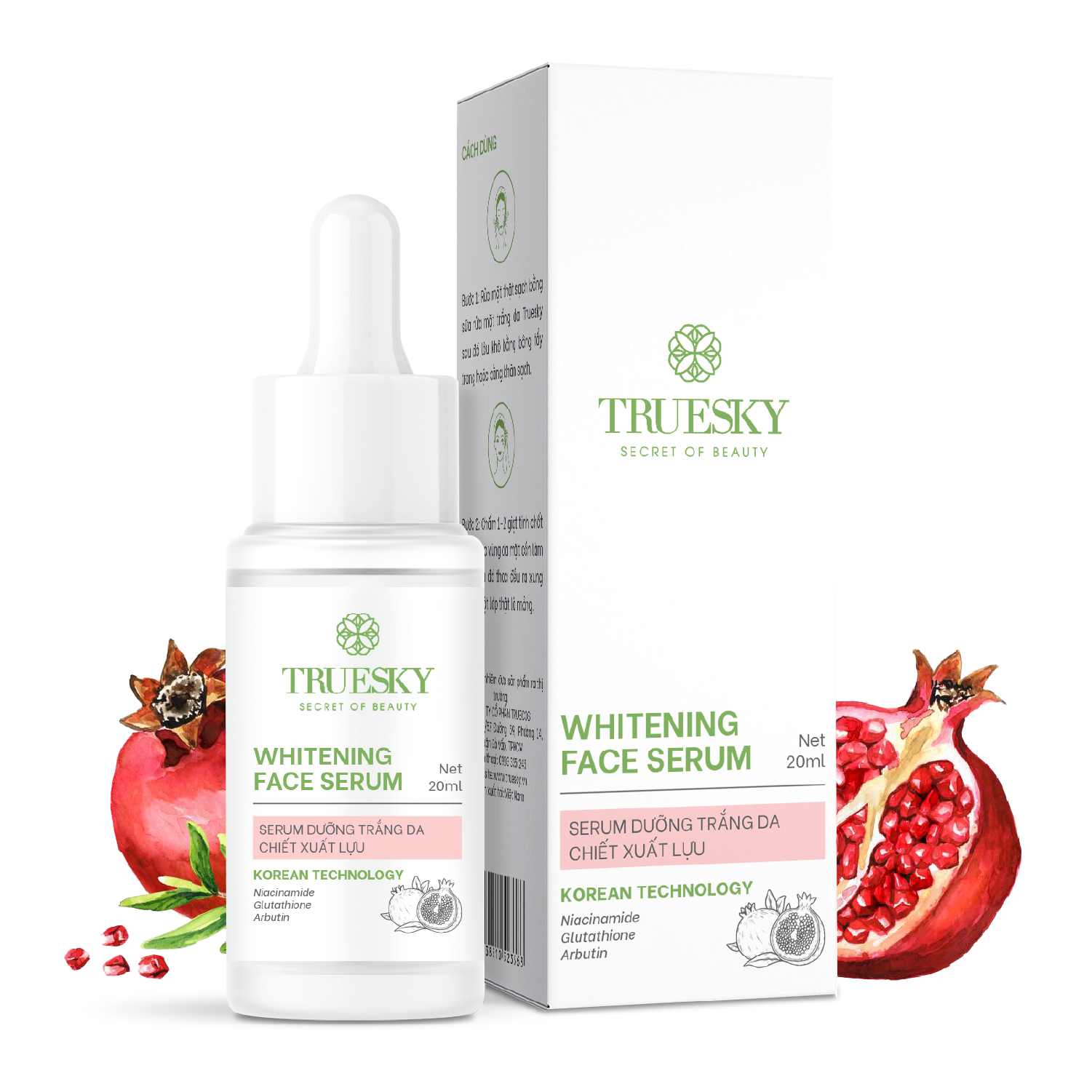 Tinh chất dưỡng trắng và ngăn ngừa lão hoá da mặt Truesky Whitening Face Serum chiết xuất quả lựu 20ml