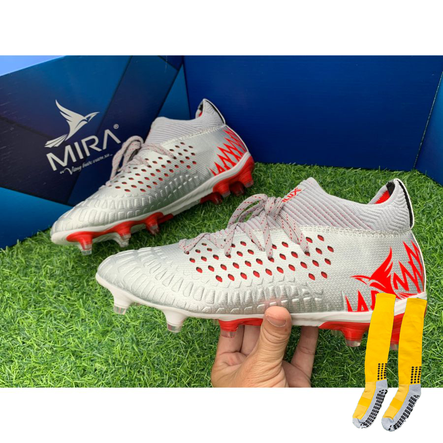 Giày Đá Bóng Mira Evospeed 19.2 FG Bạc Có Vớ Dài Chống Trơn