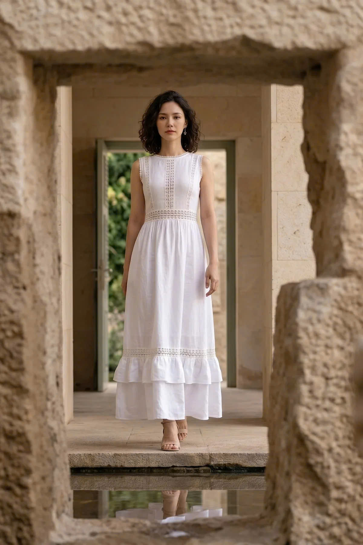 Đầm Maxi Phối Ren Linen Trắng Minh Duyên Dre237 Thời trang Hity
