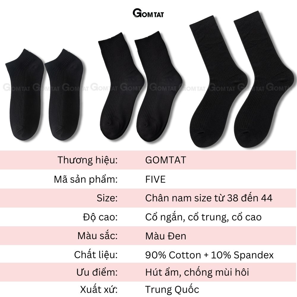 Tất vớ nam nữ đen trơn cổ ngắn, cổ trung, cổ cao phong cách basic, chất liệu cotton thoáng mát - FIVE