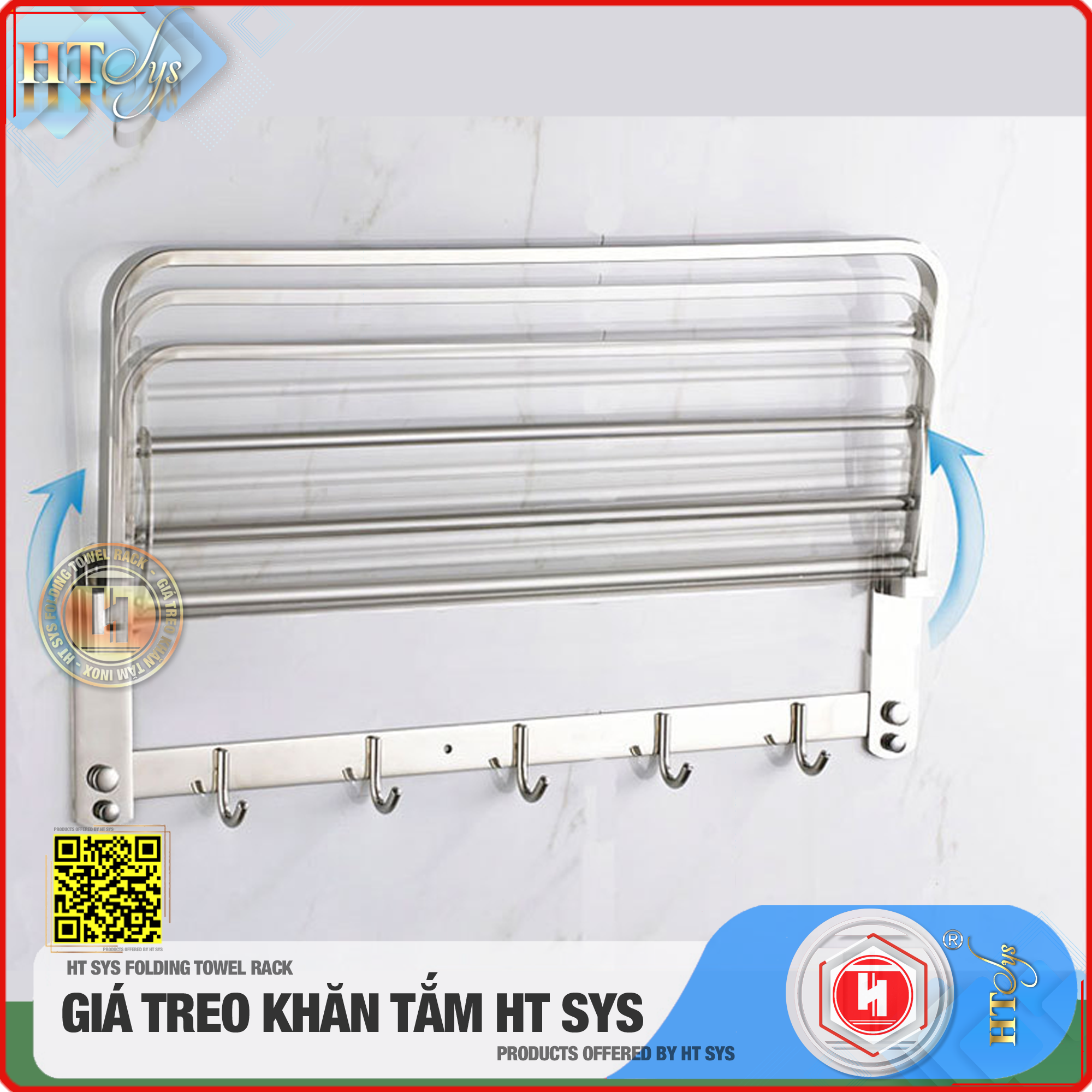 Kệ nhà tắm inox 304 cao cấp HT SYS - HTGT02 - Tích hợp giá treo khăn tắm, vắt khăn tắm, móc treo đồ -Hàng Chính Hãng