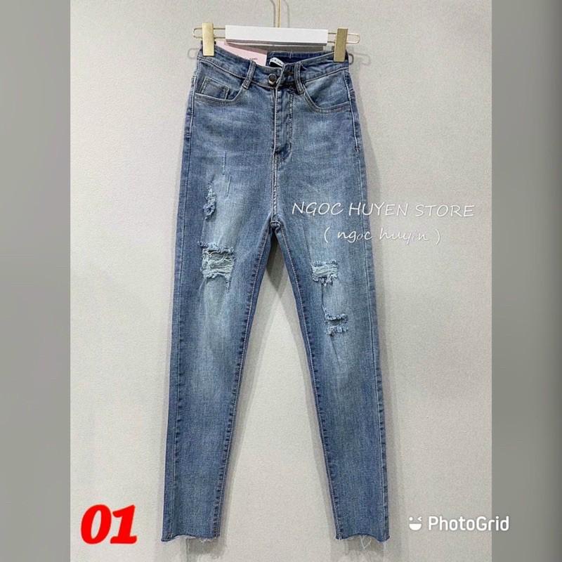 Quần jeans lưng cao rách xước nút kiểu ôm body - j20