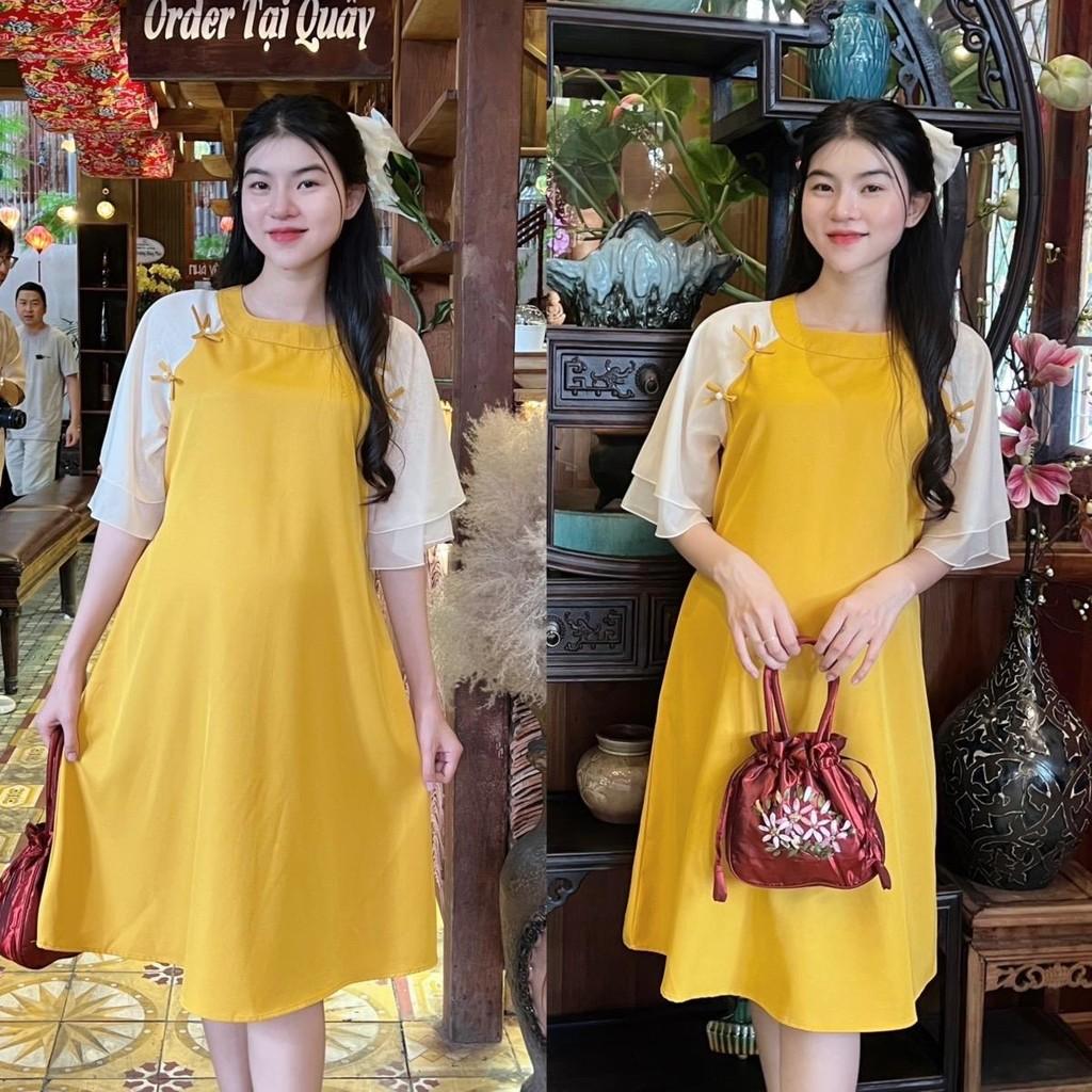 Đầm bầu thiết kế kiểu Áo dài cách tân Chất Cotton Lạnh đính nơ xinh xắn, thanh lịch - Vàng