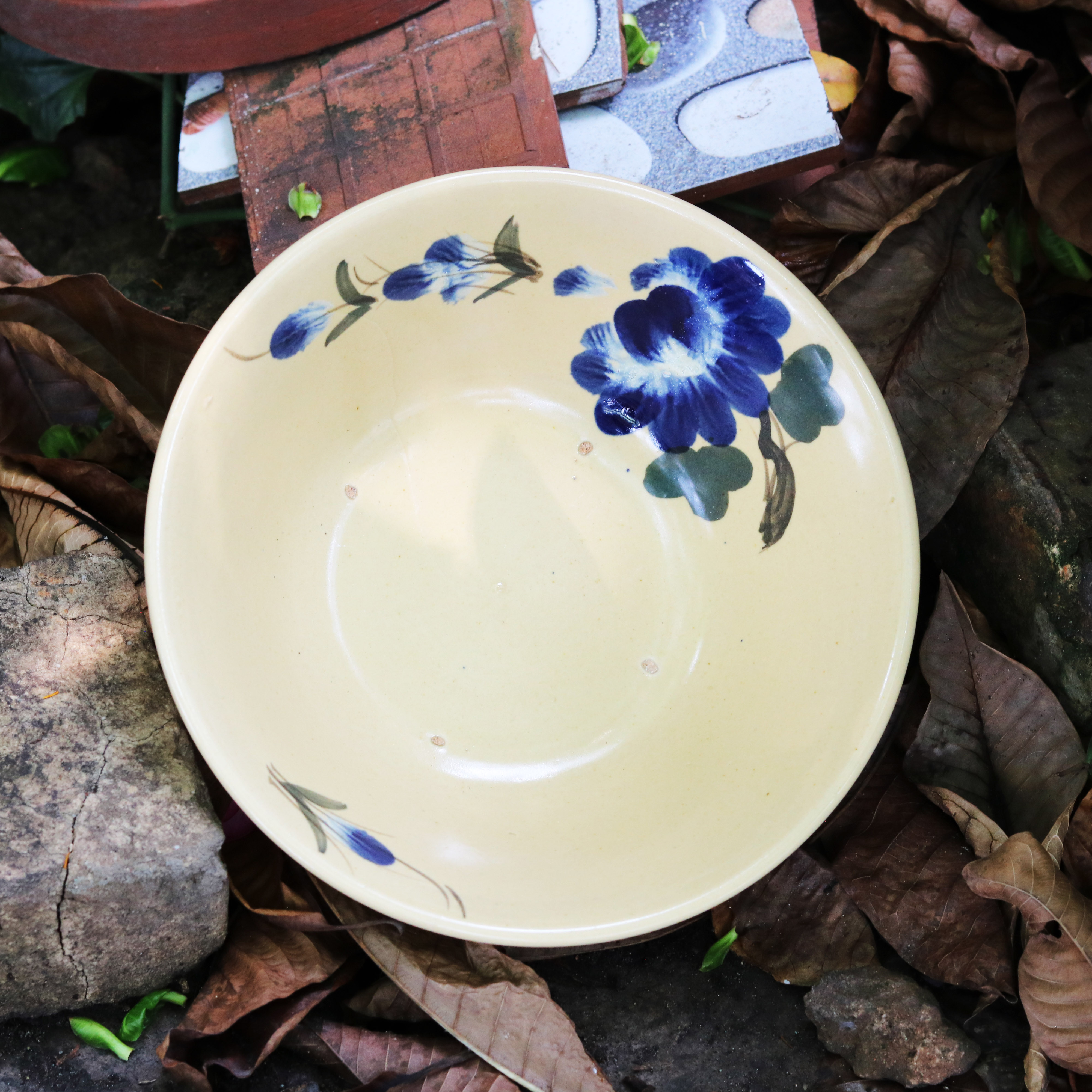 Tô To Vẽ Gà Trống/Hoa/Phết Xanh - Tô Tượng Size 21cm - Gốm Xưa Cho Người Hoài Niệm