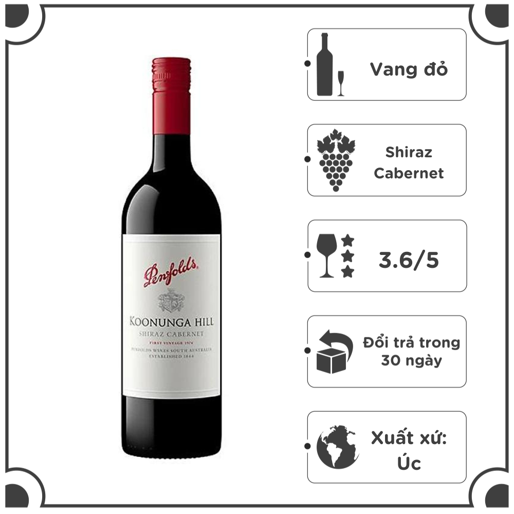 Rượu vang đỏ Úc Penfolds Koonunga Shiraz Cabernet 750ml 14,5% - Không hộp