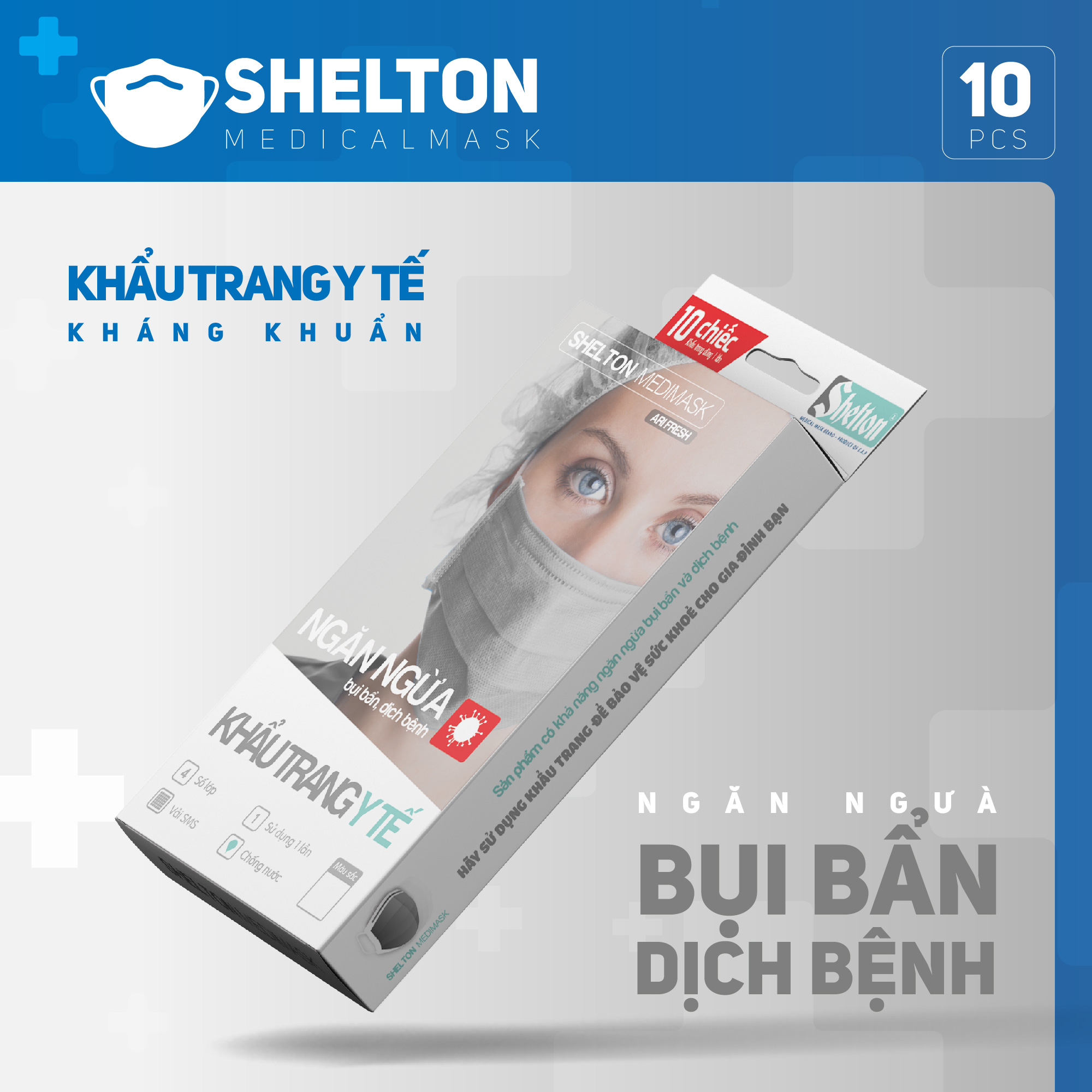 Khẩu trang y tế kháng khuẩn 4 lớp Shelton Medimask Arifresh hộp 10 chiếc,khẩu trang kháng khuẩn 4 lớp dành cho người lớn,khẩu trang 4 lớp mềm mại có vải kháng khuẩn ngăn ngừa bụi bẩn,vi khuẩn sử dụng 1 lần