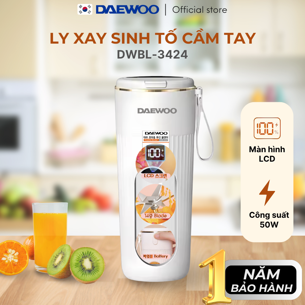 Ly Xay Cầm Tay DAEWOO DWBL-3424 (340ml) Hàng Chính Hãng - Ly Xay Sinh Tố, Trái Cây Mini tiện lợi, mạnh mẽ