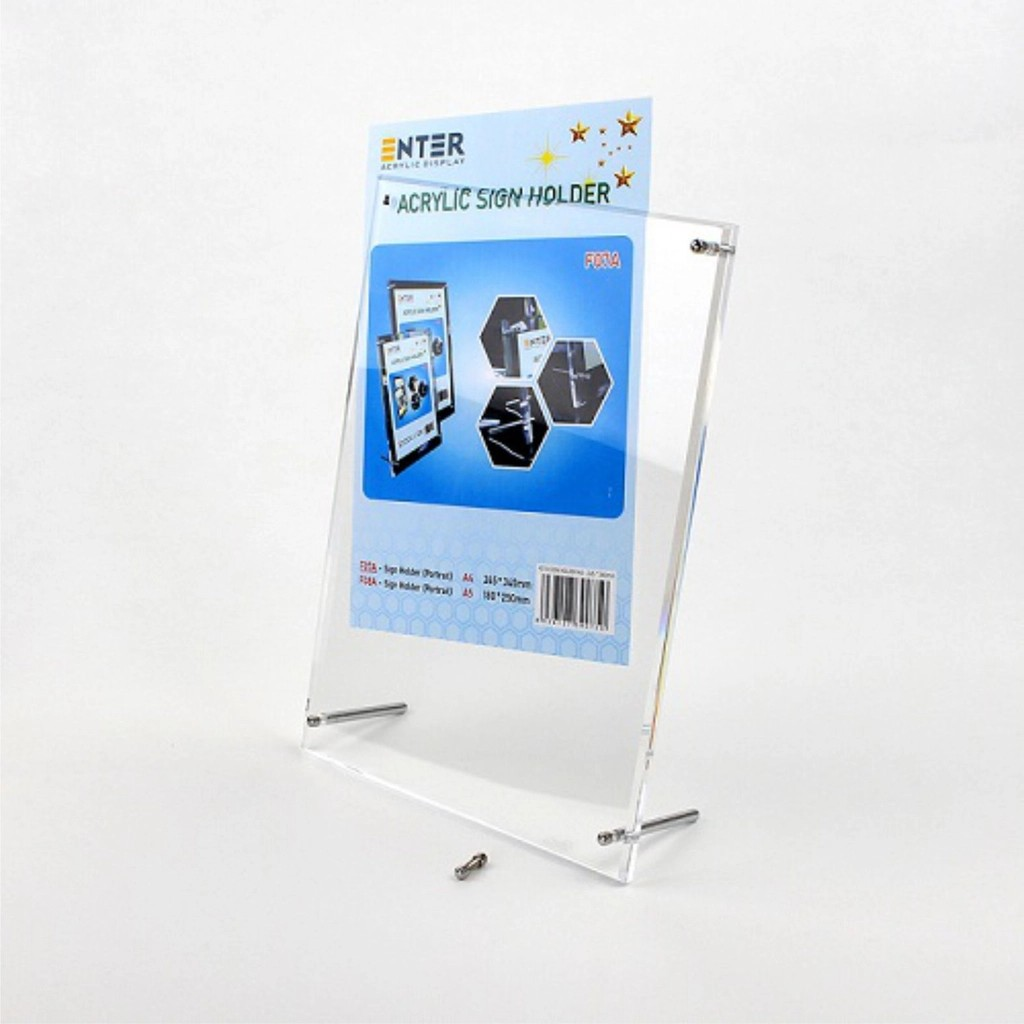 Kệ mica 1 mặt Enter F07A 21x30cm đế inox A4 đứng mica 5mm, Khung ảnh để bàn chân inox, Khung bằng khen