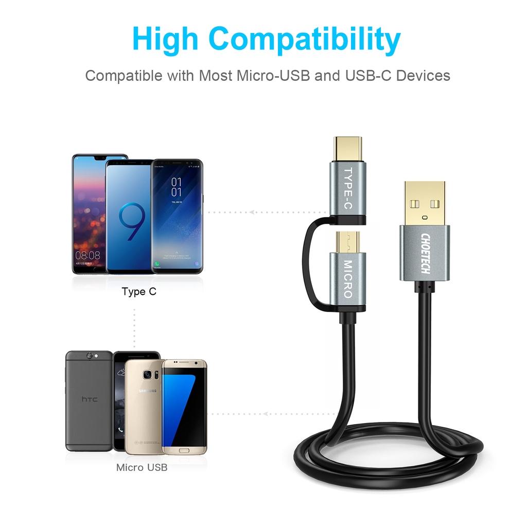 Cáp sạc 2 in 1 USB to Type C+ Micro Choetech XAC-0012 (Hàng chính hãng)