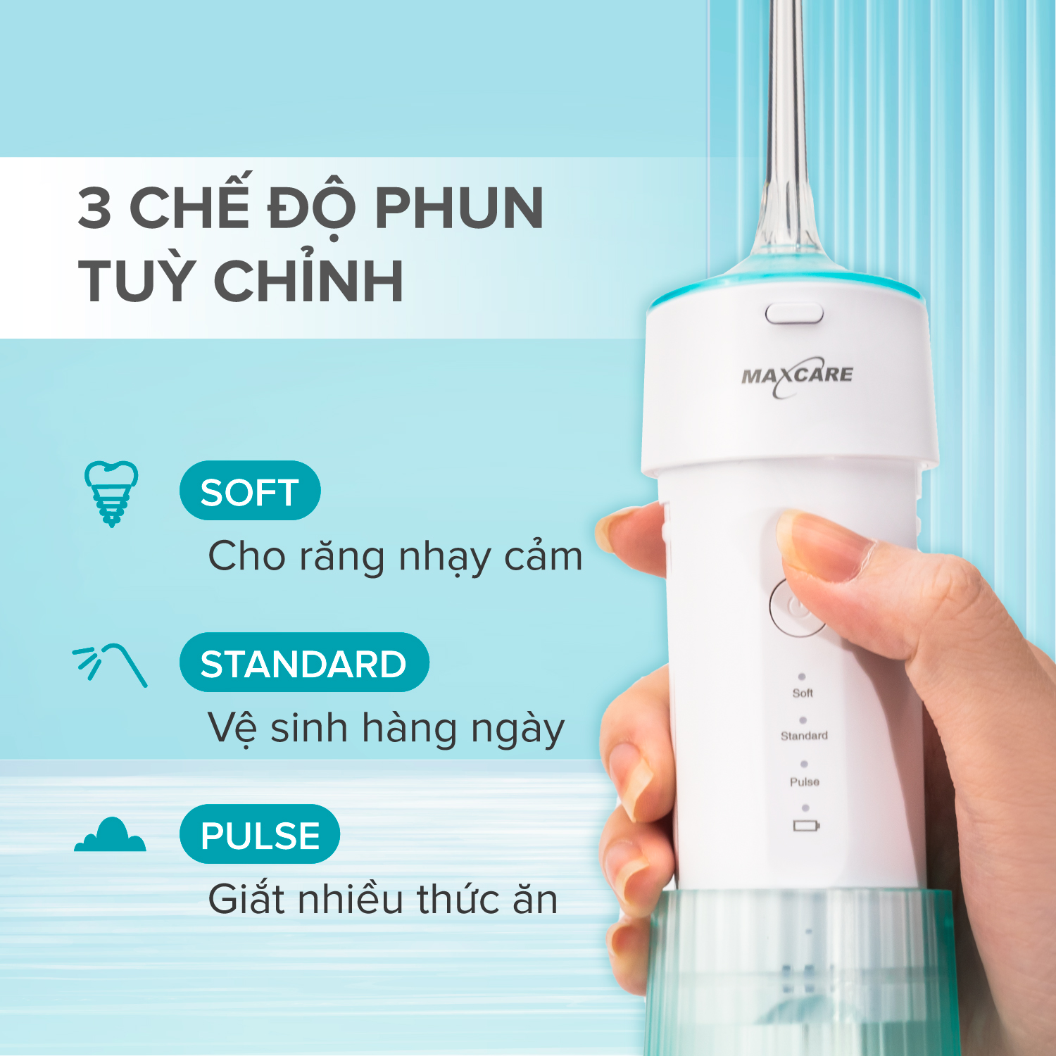 Máy tăm nước cầm tay Maxcare UltraSonic Max456P Phun xoay 360 độ, Nhỏ gọn, Chống nước IPX7, Dung tích 160ml