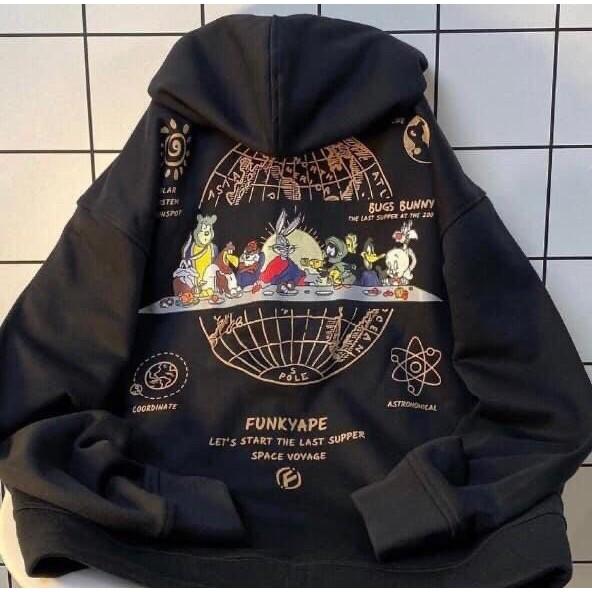 Áo khoác nam nữ Thỏ Bunny dài tay có mũ nỉ bông khóa kéo đen trắng unisex form rộng hoodie hàn quốc