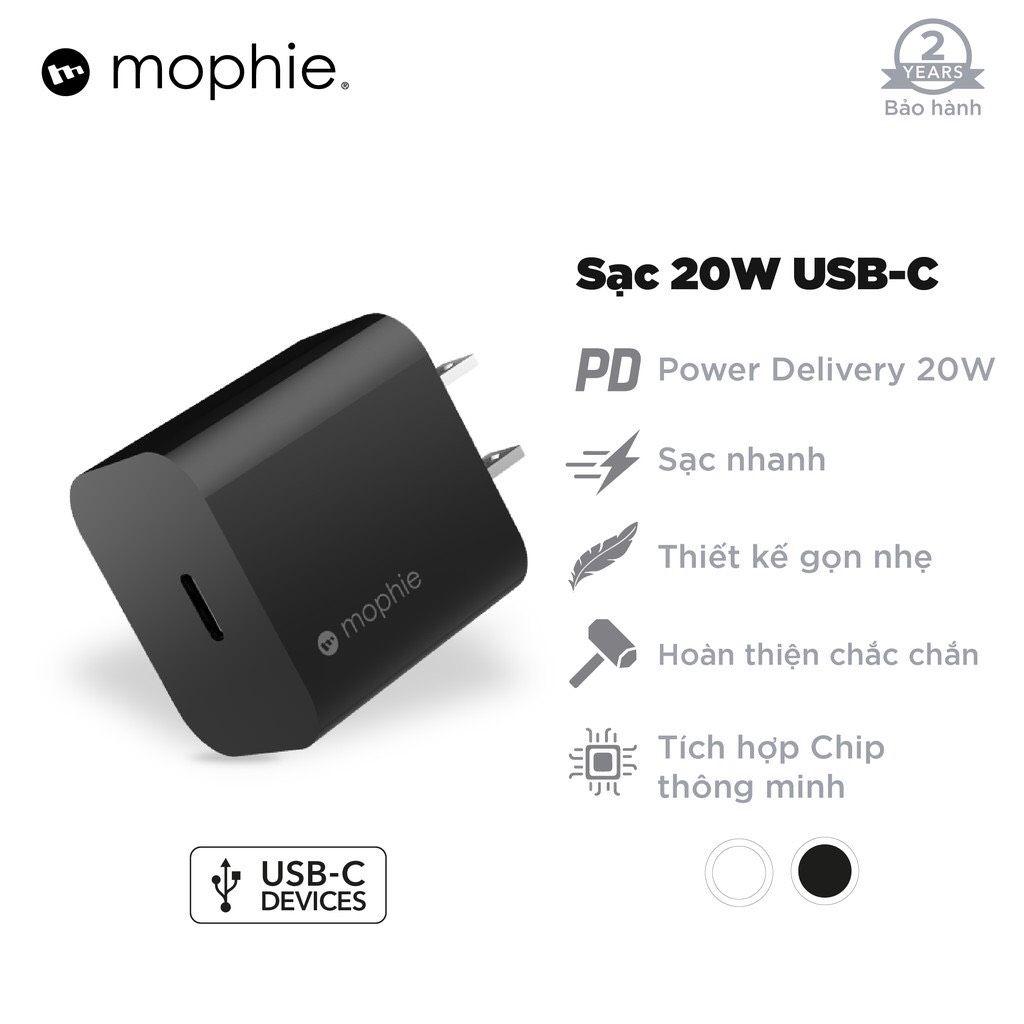 Hình ảnh Combo sạc nhanh Mophie Power Delivery 20W USB-C - Cáp Mophie C to LN 1M - Hàng chính hãng