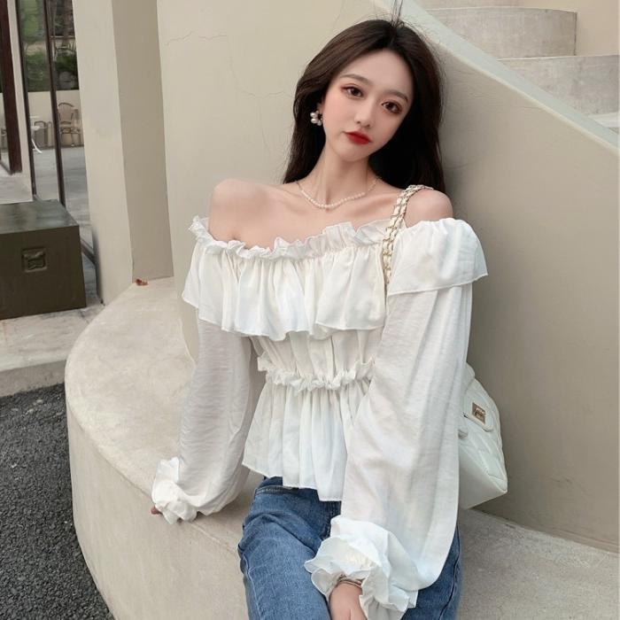 Áo Trễ Vai Viền Bèo Dài Tay Nữ 2 Tầng