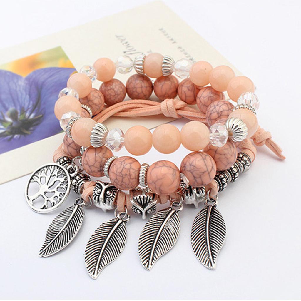 Glass Bracelet Multilayer Leaf Bangle Beads Vintage Design Chain Pink